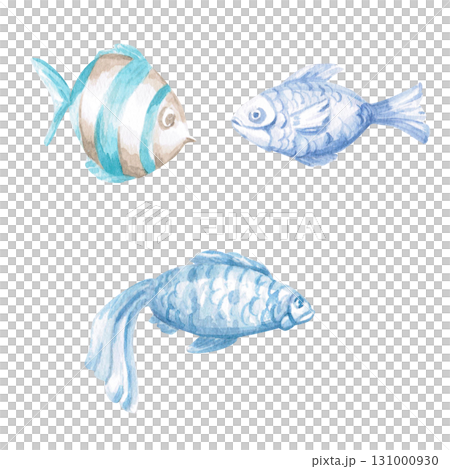 A set of three fish. Isolated watercolor illustrations of underwater creatures for children's prints, clothing, and interior design for themed parties and children's rooms. 131000930