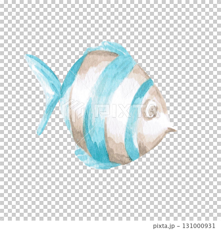 A fantasy striped fish. Isolated watercolor illustration of underwater creatures for children's prints, clothing, and interior design for themed parties and children's rooms. 131000931