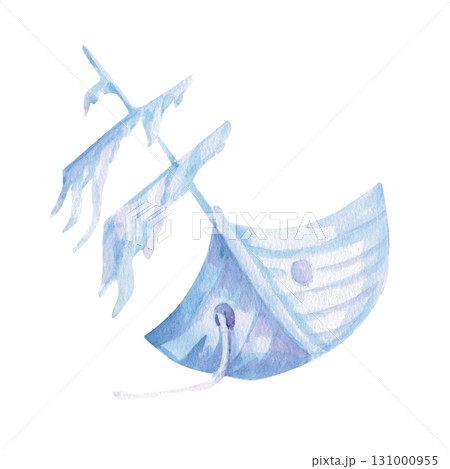 A sunken pirate ship. Isolated watercolor illustration of a seascape element for children's prints, clothing, and interior design for themed parties and children's rooms. 131000955