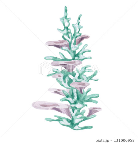 Fantasy green corals with sea mushroom growths. Isolated watercolor illustration of underwater plants for children's prints, clothing, and interior design for themed parties and children's rooms. Fantasy green corals with sea mushroom growths. Isolated watercolor illustration of underwater plants for children's prints, clothing, and interior design for themed parties and children's rooms. 131000958