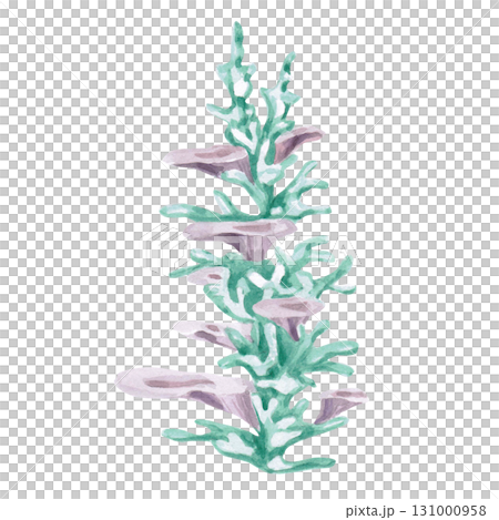 Fantasy green corals with sea mushroom growths. Isolated watercolor illustration of underwater plants for children's prints, clothing, and interior design for themed parties and children's rooms. Fantasy green corals with sea mushroom growths. Isolated watercolor illustration of underwater plants for children's prints, clothing, and interior design for themed parties and children's rooms. 131000958