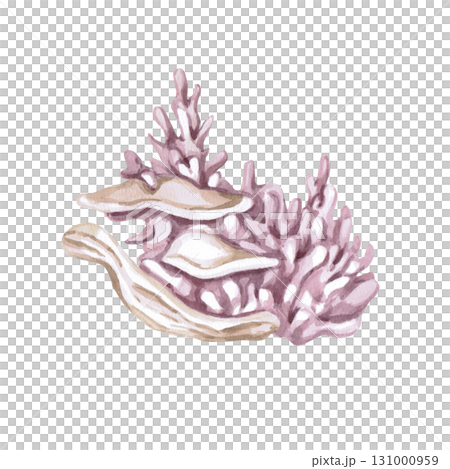 Fantasy corals with sea mushroom growths. Isolated watercolor illustration of underwater plants for children's prints, clothing, and interior design for themed parties and children's rooms. 131000959