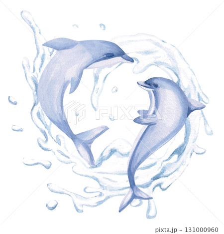 Two dolphins playing on a wave. Isolated watercolor illustration of sea creatures for children's prints, clothing, and interior design for themed parties and children's rooms. 131000960