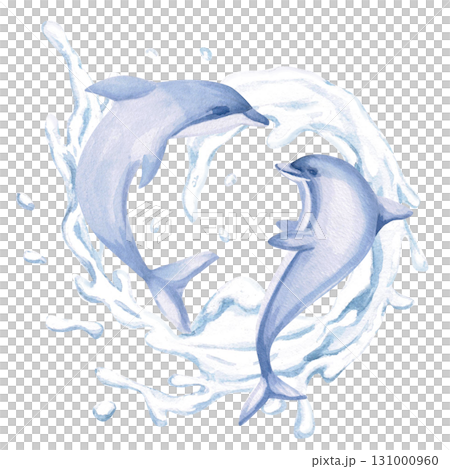 Two dolphins playing on a wave. Isolated watercolor illustration of sea creatures for children's prints, clothing, and interior design for themed parties and children's rooms. 131000960