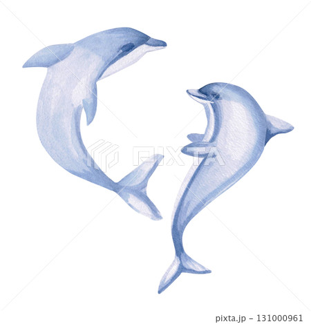 Two dolphins. Isolated watercolor illustration of sea creatures for children's prints, clothing, and interior design for themed parties and children's rooms. Two dolphins. Isolated watercolor illustration of sea creatures for children's prints, clothing, and interior design for themed parties and children's rooms. 131000961