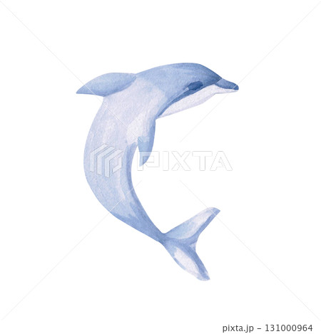 A playful dolphin. Isolated watercolor illustration of a sea creature for children's prints, clothing, and interior design for themed parties and children's rooms. A playful dolphin. Isolated watercolor illustration of a sea creature for children's prints, clothing, and interior design for themed parties and children's rooms. 131000964