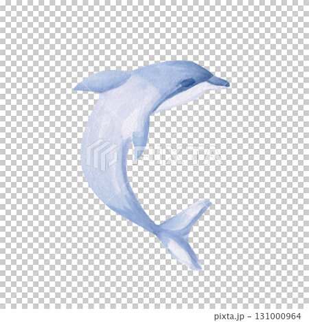 A playful dolphin. Isolated watercolor illustration of a sea creature for children's prints, clothing, and interior design for themed parties and children's rooms. A playful dolphin. Isolated watercolor illustration of a sea creature for children's prints, clothing, and interior design for themed parties and children's rooms. 131000964