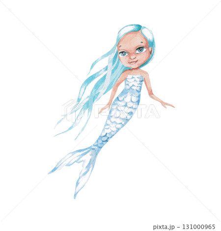 A mermaid with long blue hair. Isolated watercolor illustration of a fairy-tale character for children's prints, clothing, and interior design for themed parties and children's rooms. A mermaid with long blue hair. Isolated watercolor illustration of a fairy-tale character for children's prints, clothing, and interior design for themed parties and children's rooms. 131000965