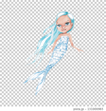 A mermaid with long blue hair. Isolated watercolor illustration of a fairy-tale character for children's prints, clothing, and interior design for themed parties and children's rooms. A mermaid with long blue hair. Isolated watercolor illustration of a fairy-tale character for children's prints, clothing, and interior design for themed parties and children's rooms. 131000965