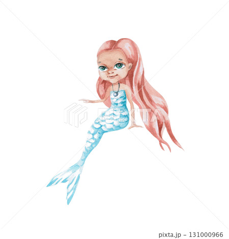 A red-haired mermaid. Isolated watercolor illustration of a fairy-tale character for children's prints, clothing, and interior design for themed parties and children's rooms. 131000966