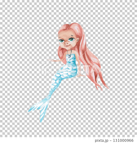 A red-haired mermaid. Isolated watercolor illustration of a fairy-tale character for children's prints, clothing, and interior design for themed parties and children's rooms. 131000966
