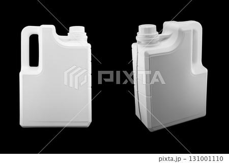 New white plastic oil canister isolated on black background.  Storage tank. Canister for gasoline, diesel and gas. White plastic canister for technical liquids isolated. 131001110