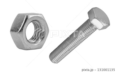 Macro shot metal bolt isolated on white background. Chromed screw bolt isolated. Steel bolt isolated. Nuts and bolts. Tools for work. Macro shot metal bolt isolated on white background. Chromed screw bolt isolated. Steel bolt isolated. Nuts and bolts. Tools for work. 131001135