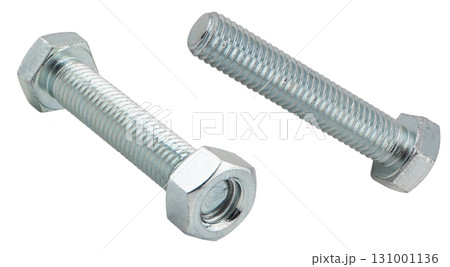 Macro shot metal bolt and nut isolated on white background. Chromed screw bolt isolated. Steel bolt isolated. Nuts and bolts. Tools for work. Macro shot metal bolt and nut isolated on white background. Chromed screw bolt isolated. Steel bolt isolated. Nuts and bolts. Tools for work. 131001136