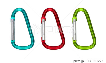 Metal carabiner on a screw isolated on a white background. Stainless steel safety carabiner isolated Metal carabiner on a screw isolated on a white background. Stainless steel safety carabiner isolated 131001223