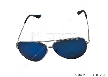 Fashionable sunglasses. Sunglasses with mirrored lenses isolated on white background. Mirrored sunglasses with anti-reflective coating. 131001224