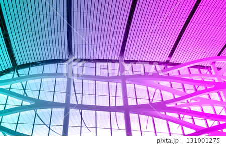 Color Lights and ventilation system in long line on ceiling of the industrial building. Exhibition Hall. Ceiling factory construction. 131001275