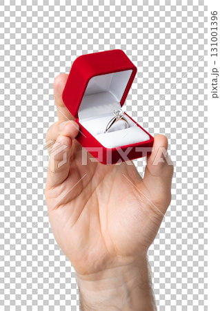 Hand holding open red ring box with sparkling diamond engagement ring, proposal concept isolated on transparent background Hand holding open red ring box with sparkling diamond engagement ring, proposal concept isolated on transparent background 131001396