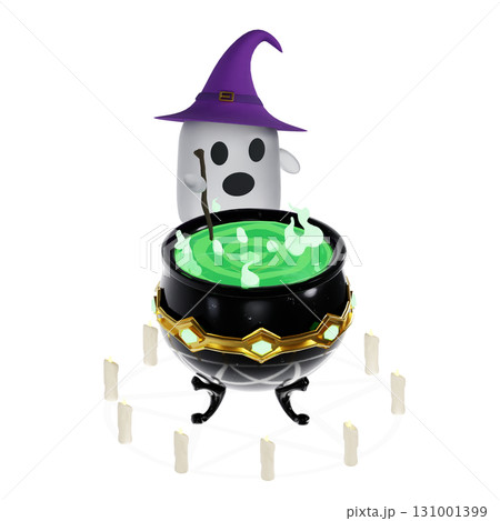 Ghost witch stirring magical potion in cauldron, 3d halloween scene with smoke and glowing effects, spooky cute Ghost witch stirring magical potion in cauldron, 3d halloween scene with smoke and glowing effects, spooky cute 131001399