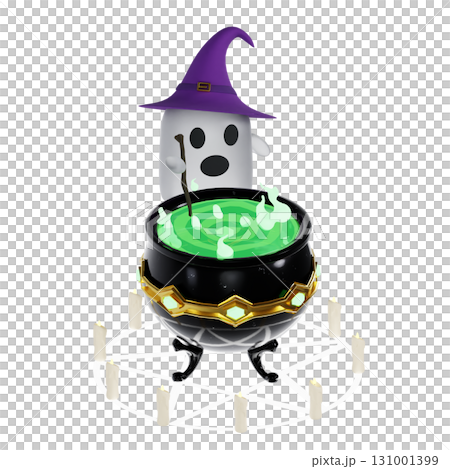 Ghost witch stirring magical potion in cauldron, 3d halloween scene with smoke and glowing effects, spooky cute Ghost witch stirring magical potion in cauldron, 3d halloween scene with smoke and glowing effects, spooky cute 131001399