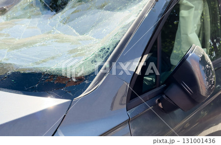 The broken windshield in car accident. Broken car windshield. Accident of car 131001436