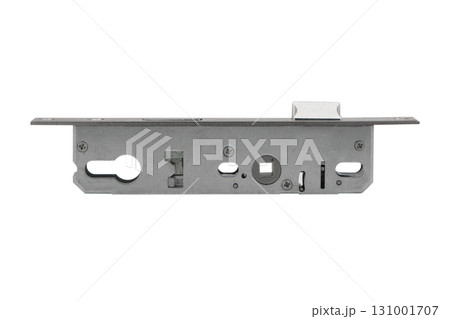 Galvanized mortise door lock with striker on white background. Door furniture. Door mortise lock. Metal door lock isolated 131001707