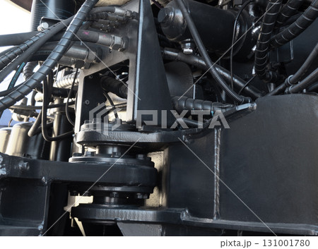 Hydraulic piston system for bulldozers, tractors, excavators. Hydraulic pipes of heavy industry machine. Mechanisms of heavy loading equipment. 131001780