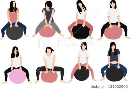 バランスボールを使ってトレーニングする女性のイラスト バランスボールを使ってトレーニングする女性のイラスト 131002000
