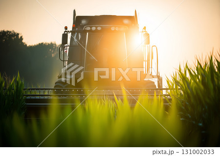 Modern Agricultural Machinery Working In A Cornfield During Golden Hour. Modern Agricultural Machinery Working In A Cornfield During Golden Hour. 131002033