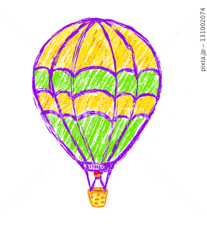 Chalk drawing of a colorful hot air balloon. Hand drawn crayon scribble style illustration with playful and cheerful mood. 131002074