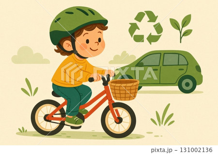 Little cyclist promoting eco-friendly transportation near a green car and recycling symbol in a cheerful setting Little cyclist promoting eco-friendly transportation near a green car and recycling symbol in a cheerful setting 131002136