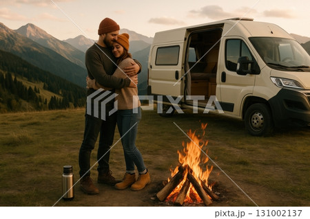 Couple enjoys cozy time by the campfire with a van in the mountains during sunset Couple enjoys cozy time by the campfire with a van in the mountains during sunset 131002137
