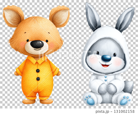 Cute kangaroo in orange outfit and bunny in white hoodie, perfect for Halloween themed illustrations Cute kangaroo in orange outfit and bunny in white hoodie, perfect for Halloween themed illustrations 131002158