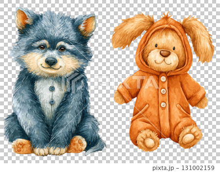 Cute Halloween themed illustration of fluffy wolf in cozy outfit and bunny in orange costume, perfect for festive decor 131002159