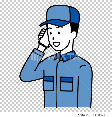 スマートフォンで話すつなぎ作業服の男性 131002165