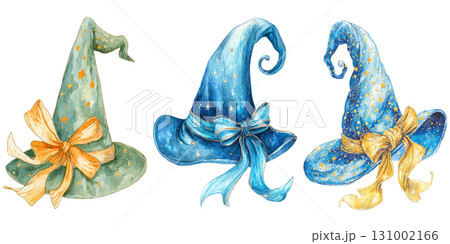 Whimsical Halloween witch hats with starry patterns and ribbon bows, featuring blue and green tones, perfect for festive Whimsical Halloween witch hats with starry patterns and ribbon bows, featuring blue and green tones, perfect for festive 131002166
