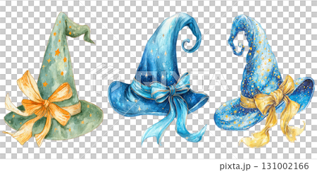 Whimsical Halloween witch hats with starry patterns and ribbon bows, featuring blue and green tones, perfect for festive Whimsical Halloween witch hats with starry patterns and ribbon bows, featuring blue and green tones, perfect for festive 131002166