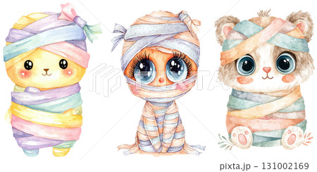 Adorable Halloween illustration featuring cute animals wrapped pastel bandages, resembling mummies, with big expressive eyes 131002169