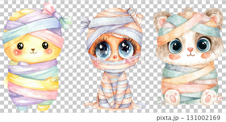 Adorable Halloween illustration featuring cute animals wrapped pastel bandages, resembling mummies, with big expressive eyes 131002169