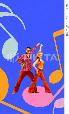 Surreal collage art. Disco dance couple in colorful outfits on vibrant blue music background Surreal collage art. Disco dance couple in colorful outfits on vibrant blue music background 131002476