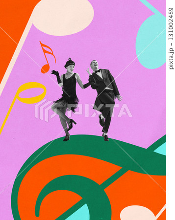Creative digital artwork. Vintage couple dancing on colorful musical background 131002489
