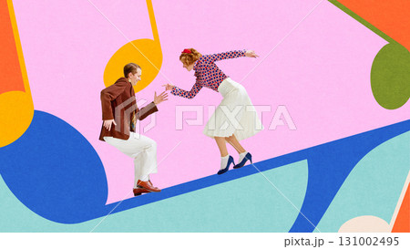 Bold colorful poster. Retro man and woman dancing playfully on large music notes 131002495