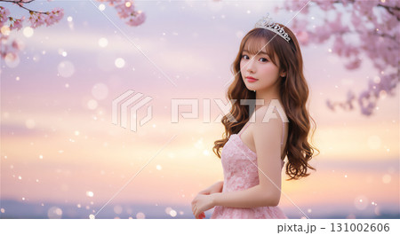 桜とティアラを纏うドレス姿の女性の幻想的なポートレート 131002606