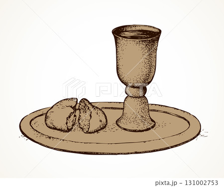 Vector symbols of Communion. Broken bread and wine in bowl 131002753