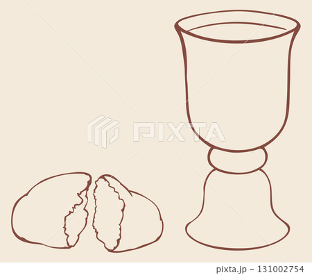 Vector symbols of Communion. Broken bread and wine in bowl 131002754