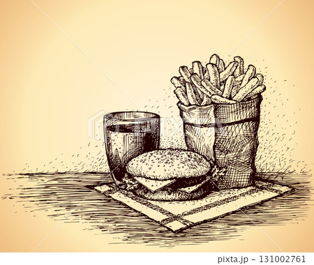 Cola, hamburger and chips in package. Vector drawing 131002761