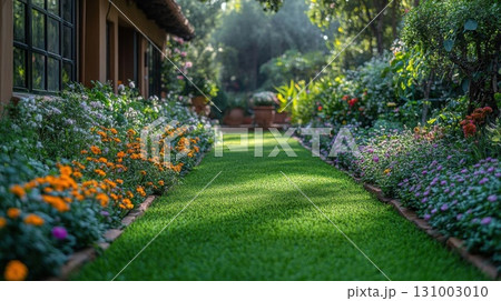 Beautiful flower garden in the morning with sunlight and green grass. Beautiful flower garden in the morning with sunlight and green grass. 131003010