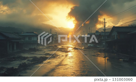 fire in the village at sunset. Natural disasters caused by the climate change. 131003060