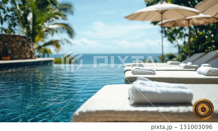 Swimming pool in luxury hotel resort with view on sea and beach. Swimming pool in luxury hotel resort with view on sea and beach. 131003096