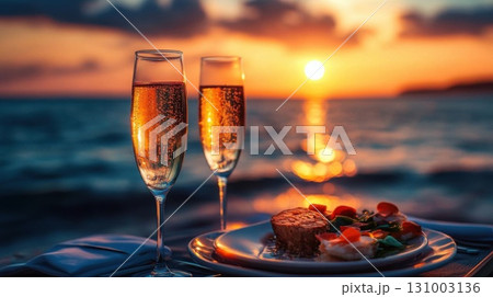 Beach party background. Two glasses of champagne. 131003136